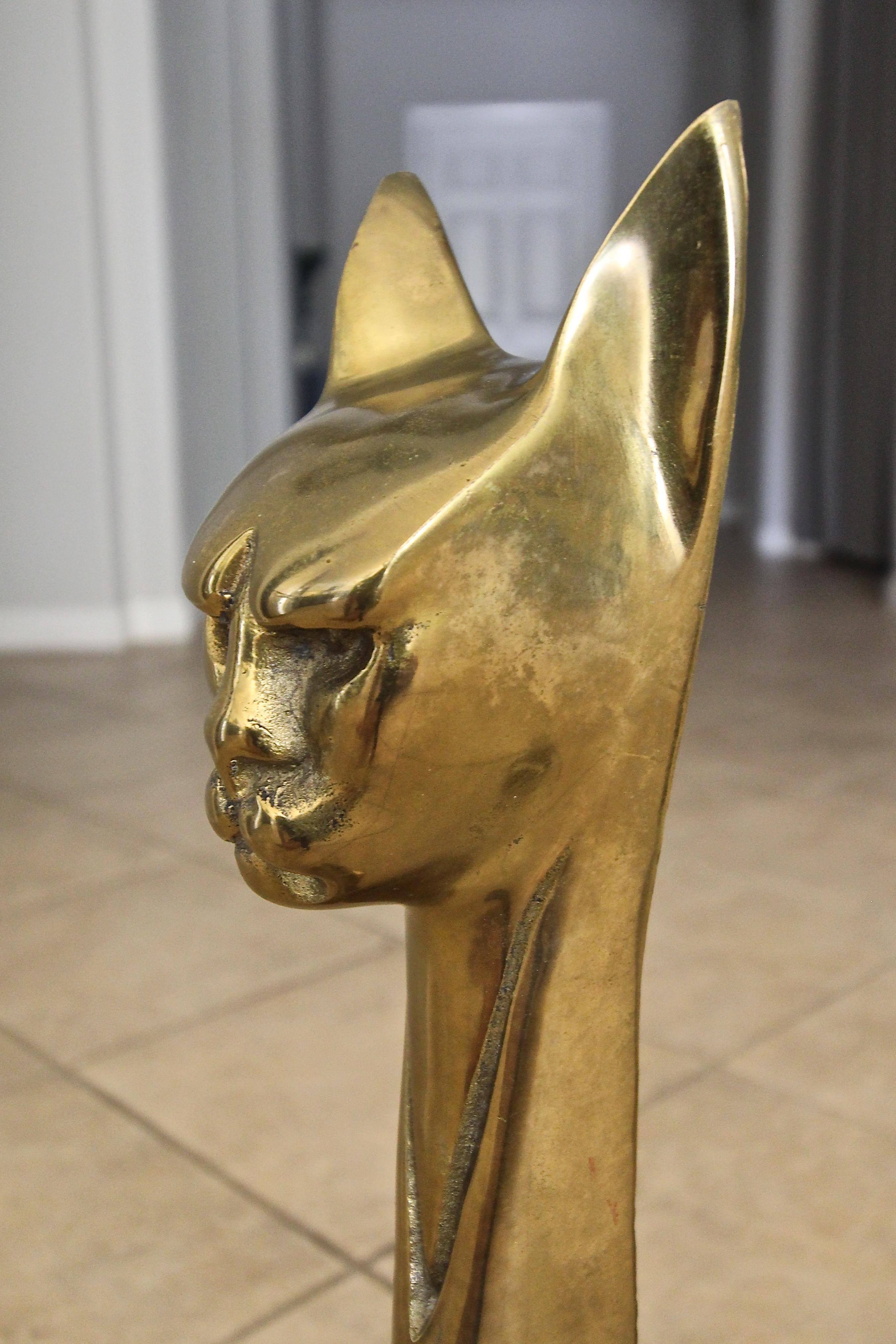 Pair of Tall Stylized Siamese Cat Midcentury Brass Andirons 3