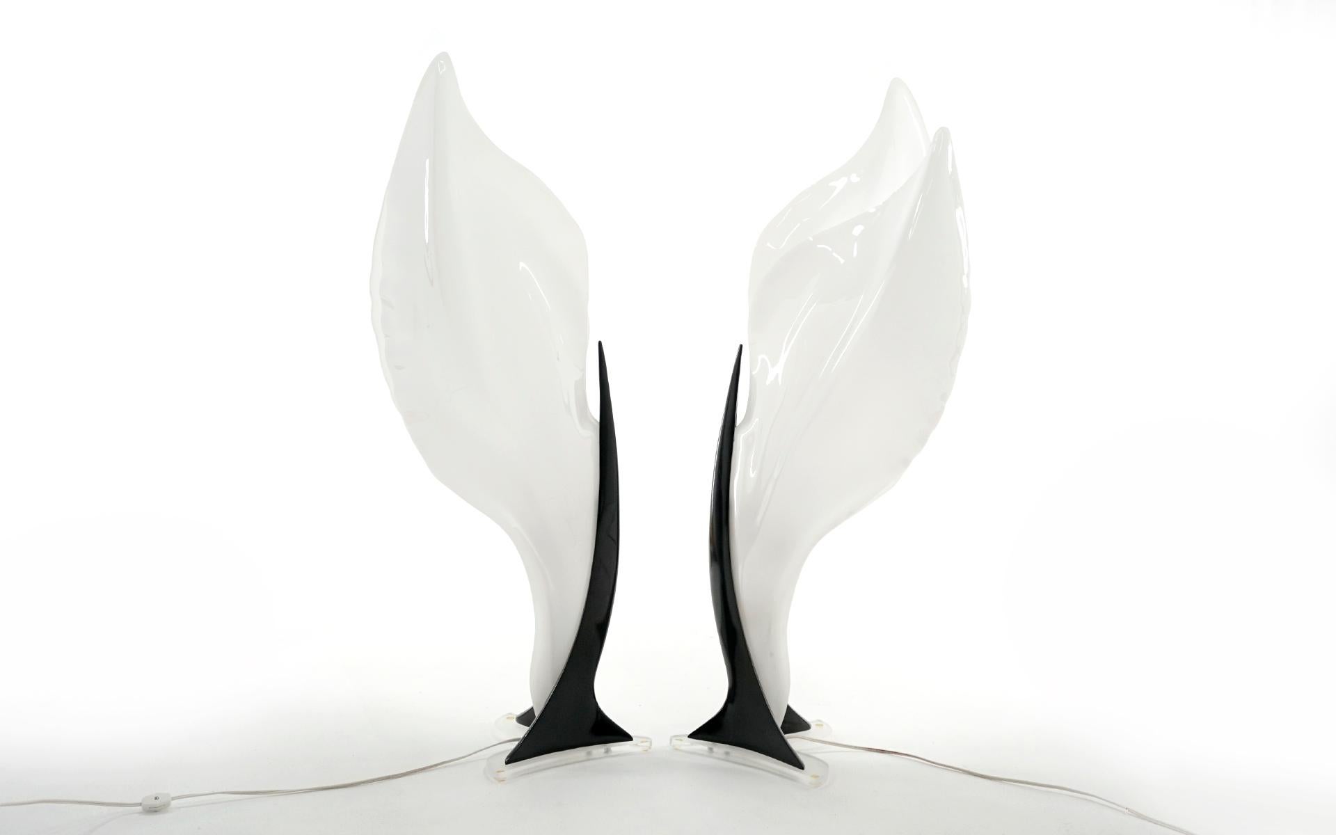 Post-Modern Pair Tall Table Lamps by Roger Rougier in White & Black Acrylic, Tall For Sale