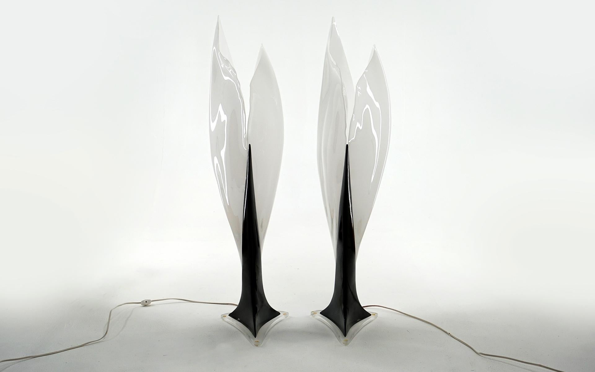 Canadian Pair Tall Table Lamps by Roger Rougier in White & Black Acrylic, Tall For Sale