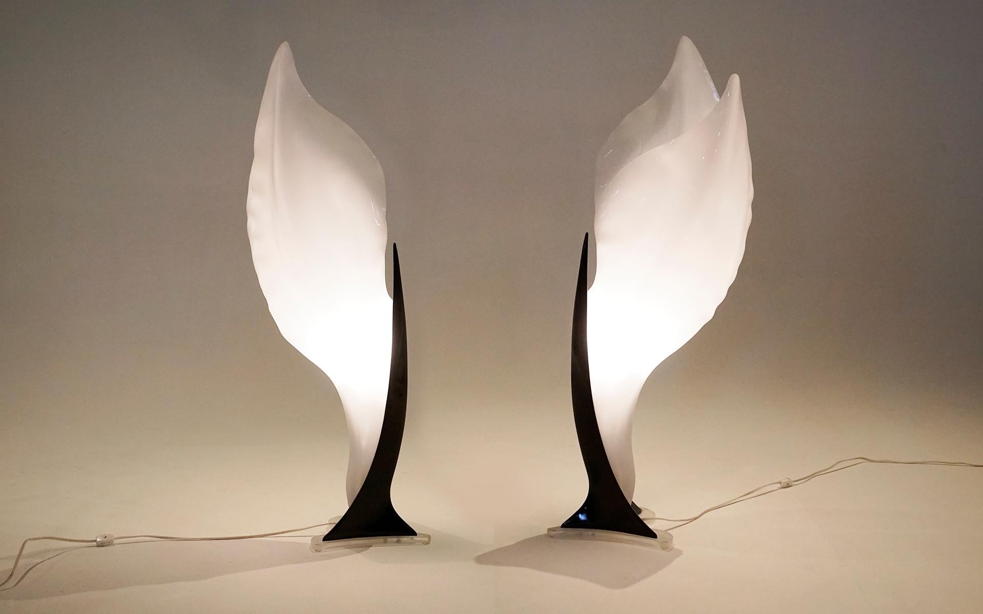 Pair Tall Table Lamps by Roger Rougier in White & Black Acrylic, Tall In Good Condition For Sale In Kansas City, MO