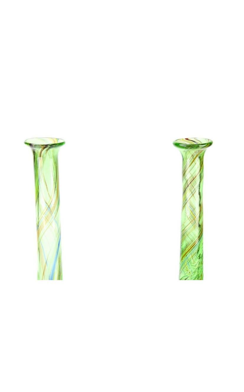 Hand-Crafted Pair Tall Venetian Blown Glass Vases, Green Swirl, Gold Highlights, Vintage For Sale