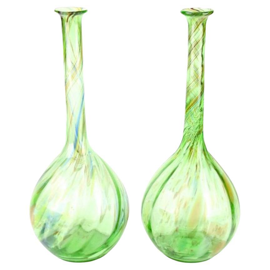 Pair Tall Venetian Blown Glass Vases, Green Swirl, Gold Highlights, Vintage For Sale