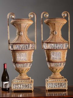 Pair Tall Vintage Italian Hand Beaded Crystal Urn Lamps, circa 1930