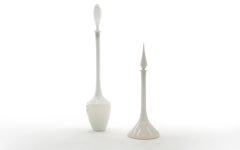 Pair Tall White Blown Glass Bottles with Stoppers