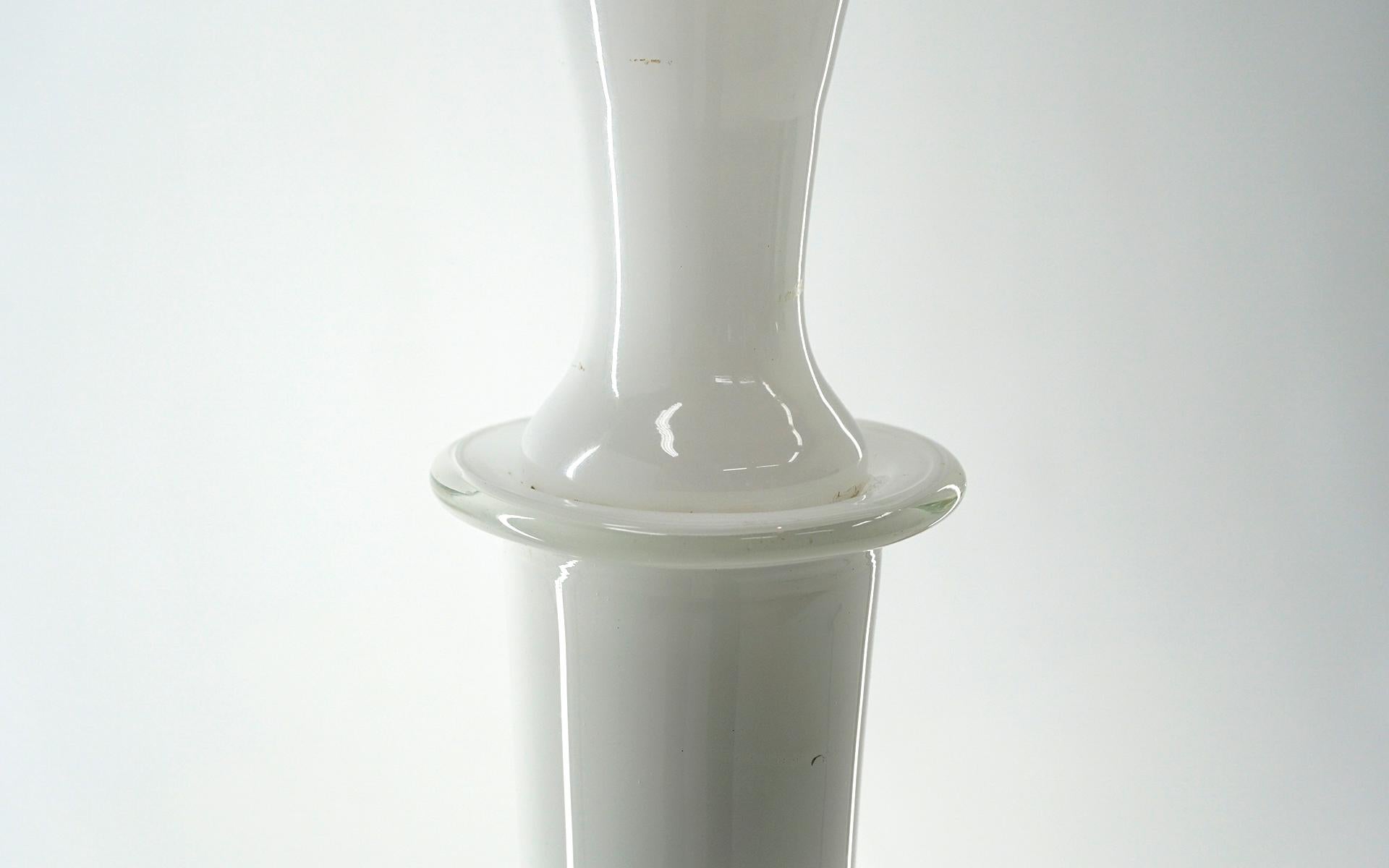 Pair Tall White Blown Glass Bottles with Stoppers 1