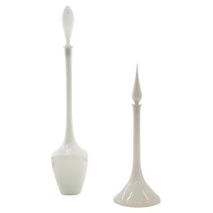 Pair Tall White Blown Glass Bottles with Stoppers