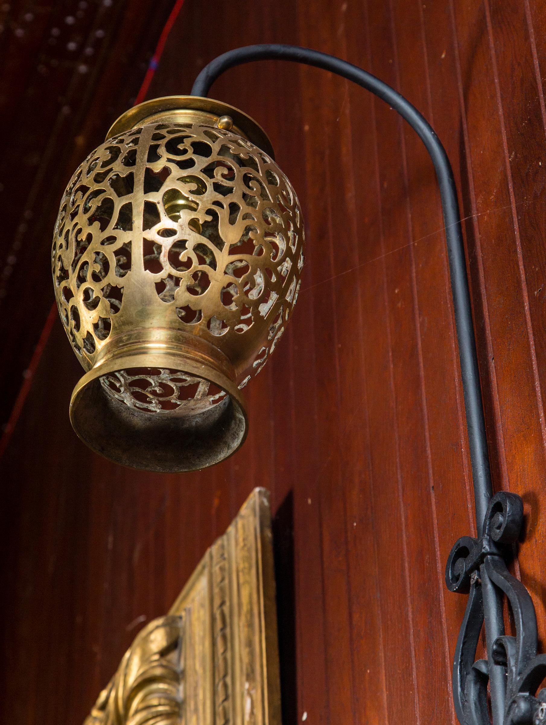 Pair of Tall Wrought Iron Wall Sconces with Hanging Brass Moroccan Lanterns For Sale 2