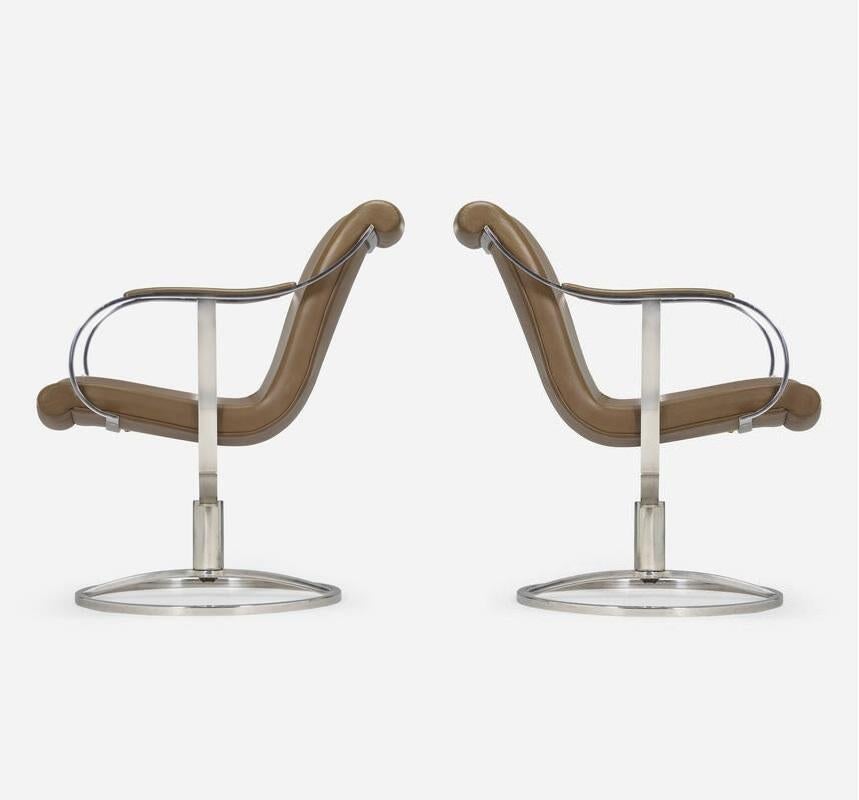 Pair Tan Brown & Stainless Steel Swivel Chairs by Gardner Leaver For Sale 4