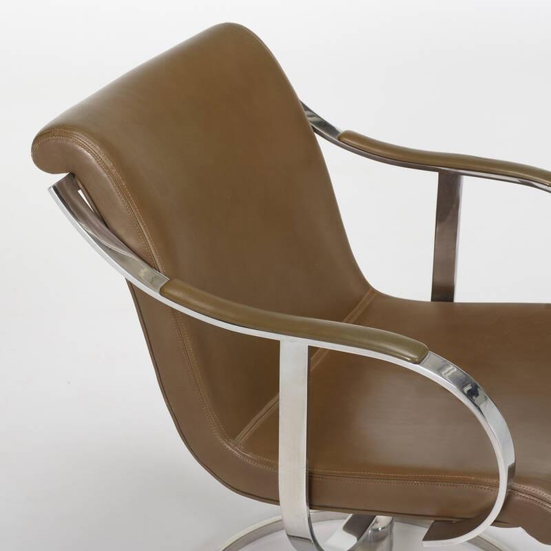 Pair Tan Brown & Stainless Steel Swivel Chairs by Gardner Leaver For Sale 5