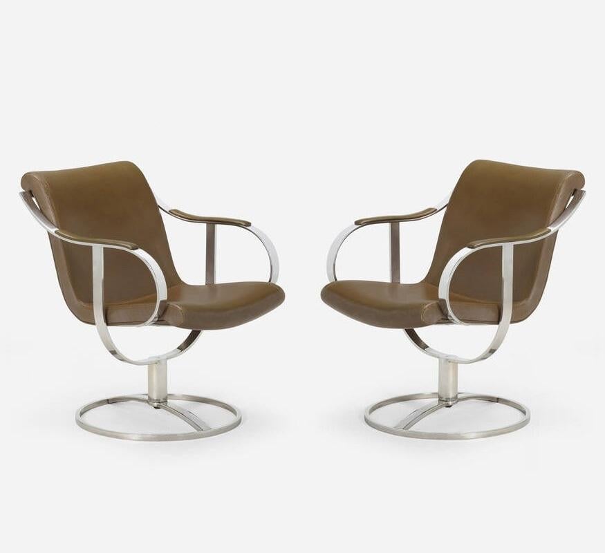 American Pair Tan Brown & Stainless Steel Swivel Chairs by Gardner Leaver For Sale