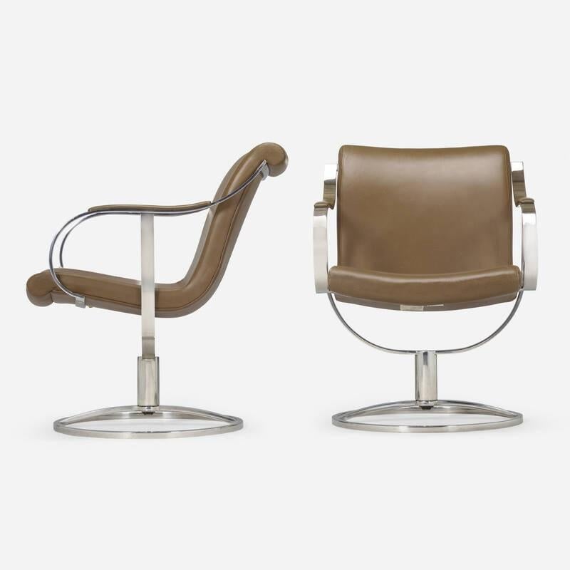 Pair Tan Brown & Stainless Steel Swivel Chairs by Gardner Leaver In Good Condition For Sale In Dallas, TX
