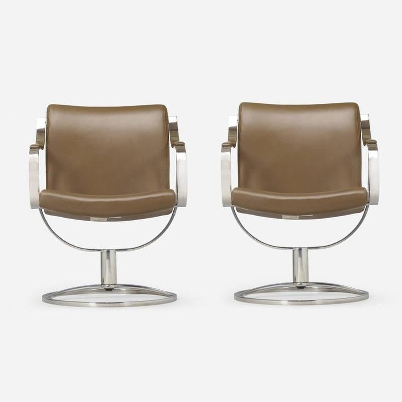 Late 20th Century Pair Tan Brown & Stainless Steel Swivel Chairs by Gardner Leaver For Sale