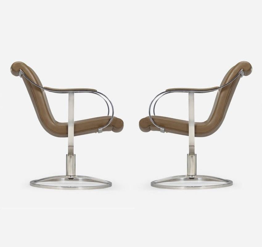 Pair Tan Brown & Stainless Steel Swivel Chairs by Gardner Leaver For Sale 1