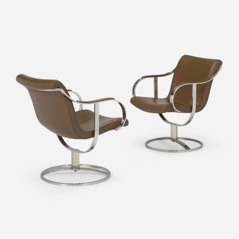 Pair Tan Brown & Stainless Steel Swivel Chairs by Gardner Leaver For Sale 2