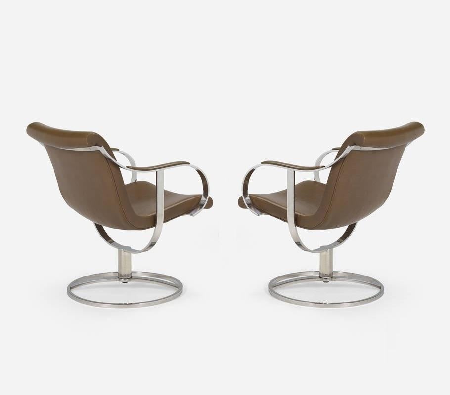 Pair Tan Brown & Stainless Steel Swivel Chairs by Gardner Leaver For Sale 3