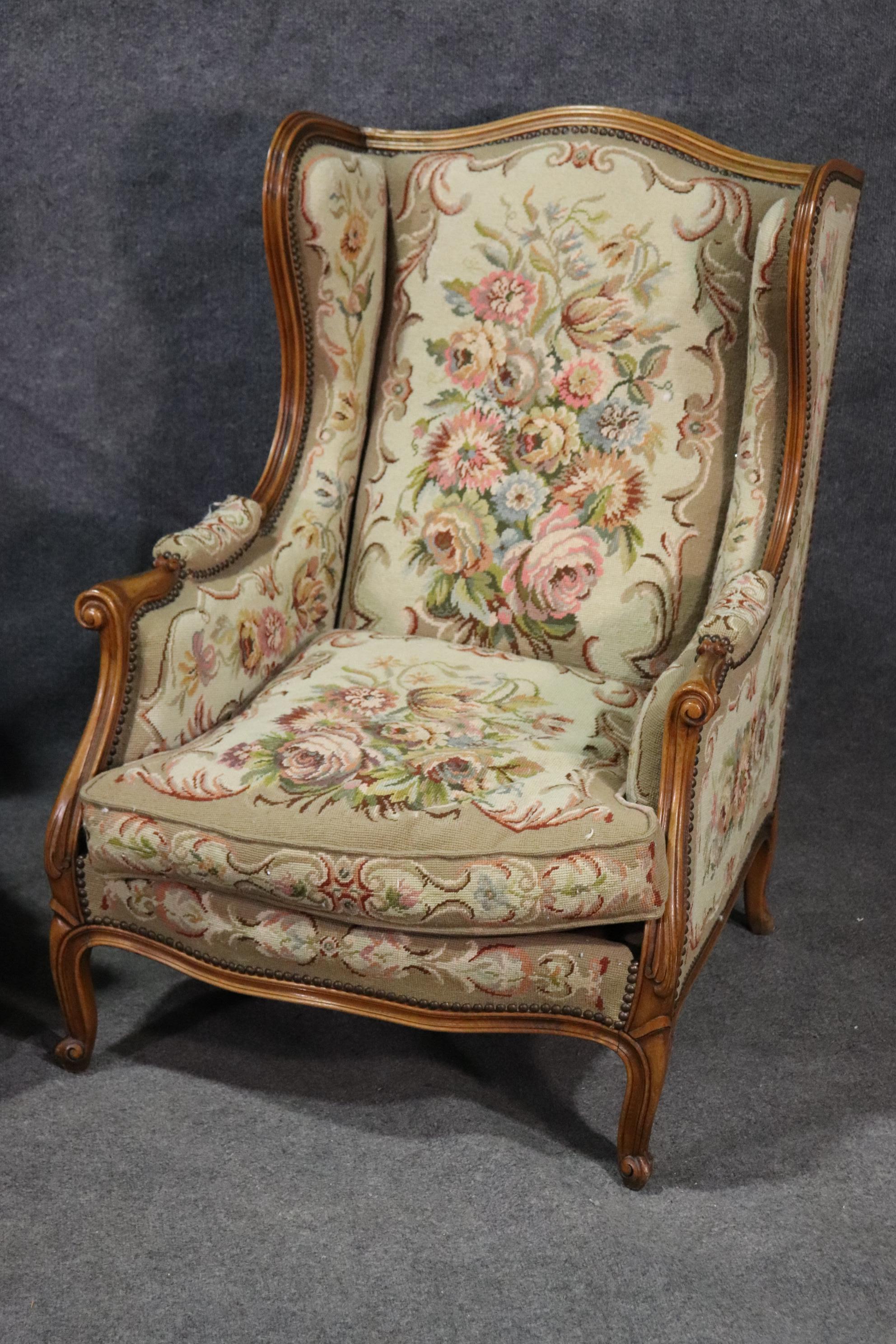Pair of Tapestry Upholstered French Louis XV Walnut Wingchairs Bergère Chairs In Good Condition In Swedesboro, NJ