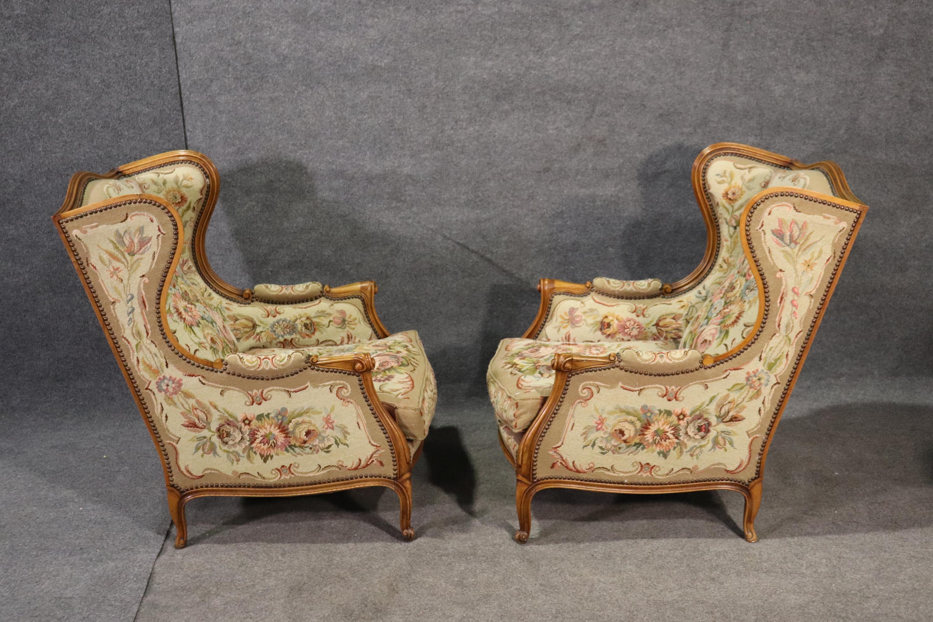 Mid-20th Century Pair of Tapestry Upholstered French Louis XV Walnut Wingchairs Bergère Chairs