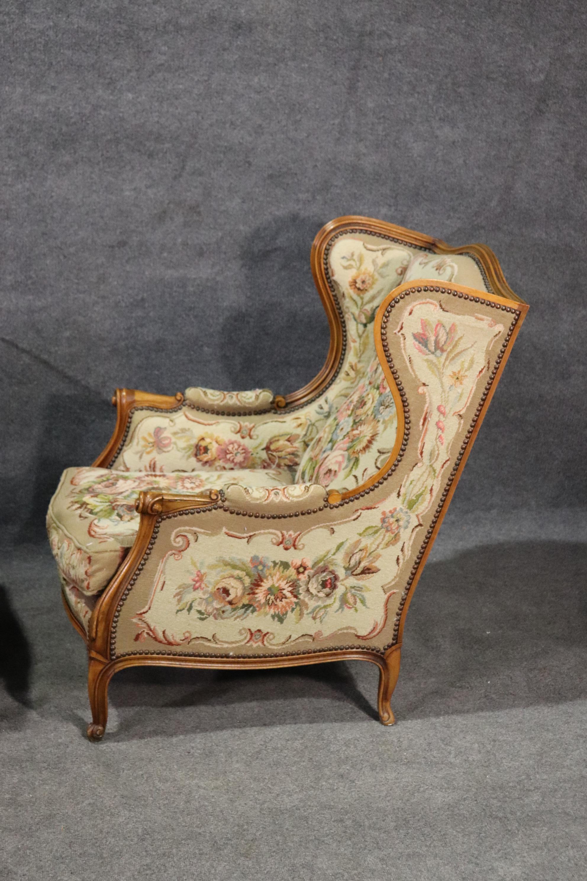 Pair of Tapestry Upholstered French Louis XV Walnut Wingchairs Bergère Chairs 1