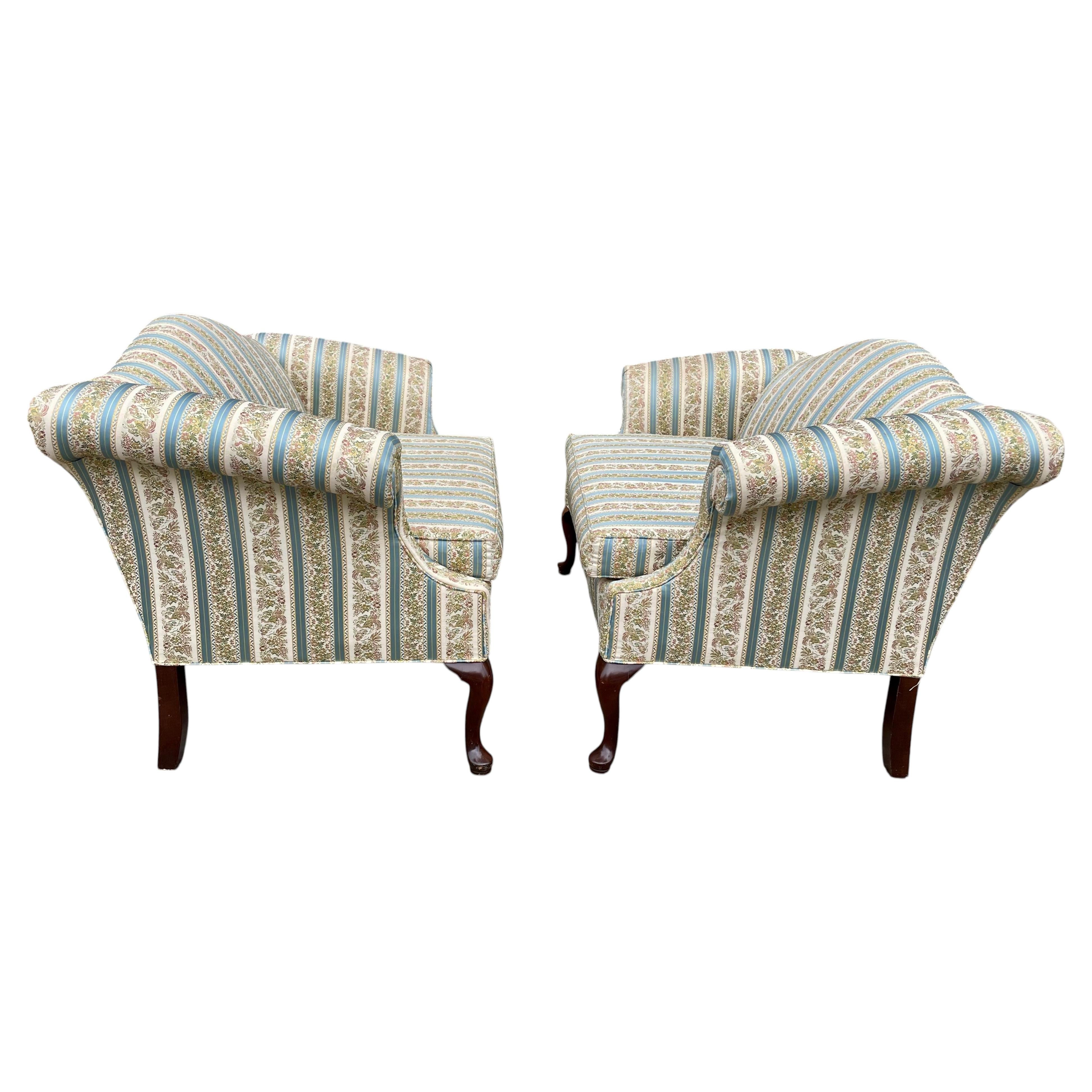 Pair Taylor-King Queen Anne Camelback Sofa Loveseat Floral Blue White Stripe