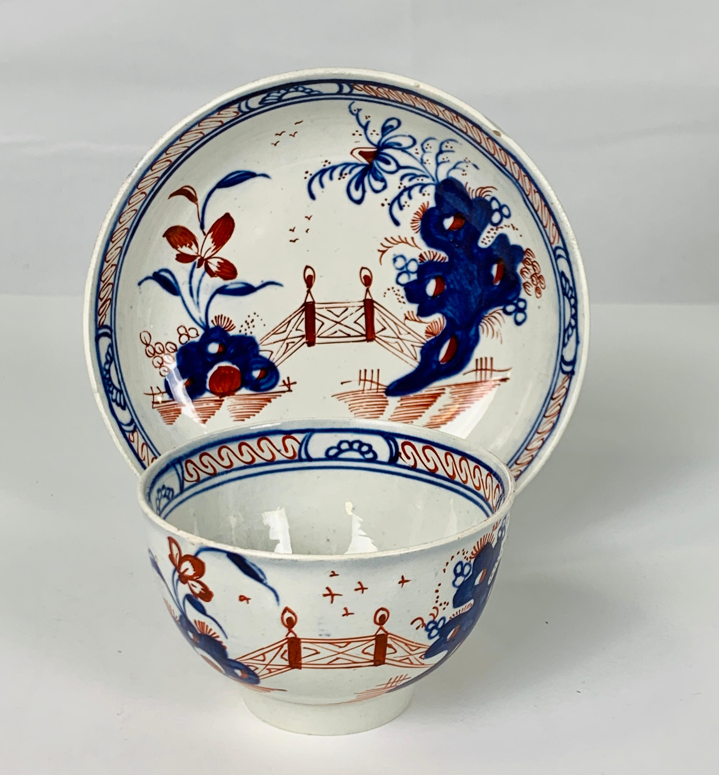 English Pair Tea Bowls & Saucers Pearled Creamware Hand-Painted in Imari Colors 18th C