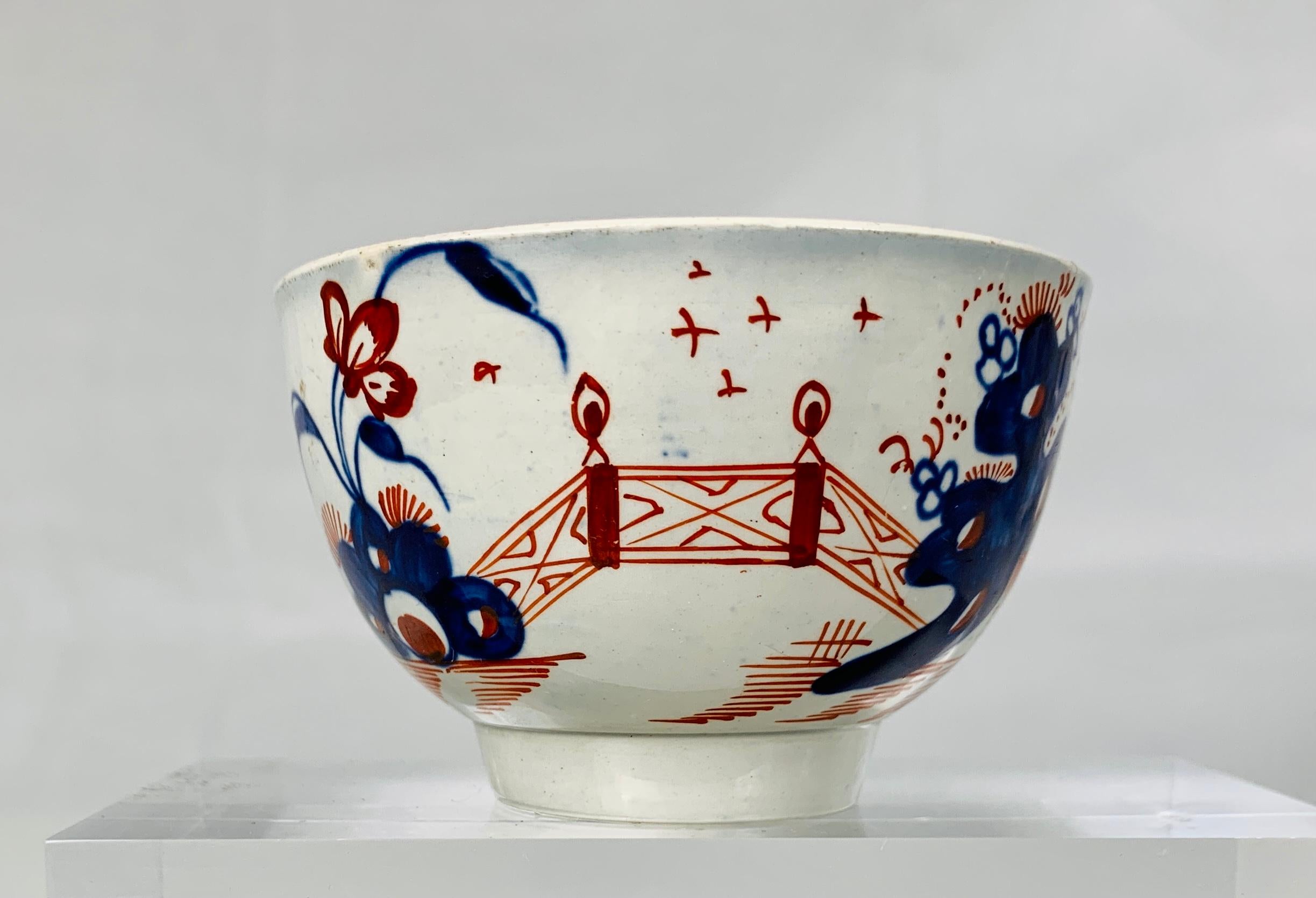18th Century Pair Tea Bowls & Saucers Pearled Creamware Hand-Painted in Imari Colors 18th C