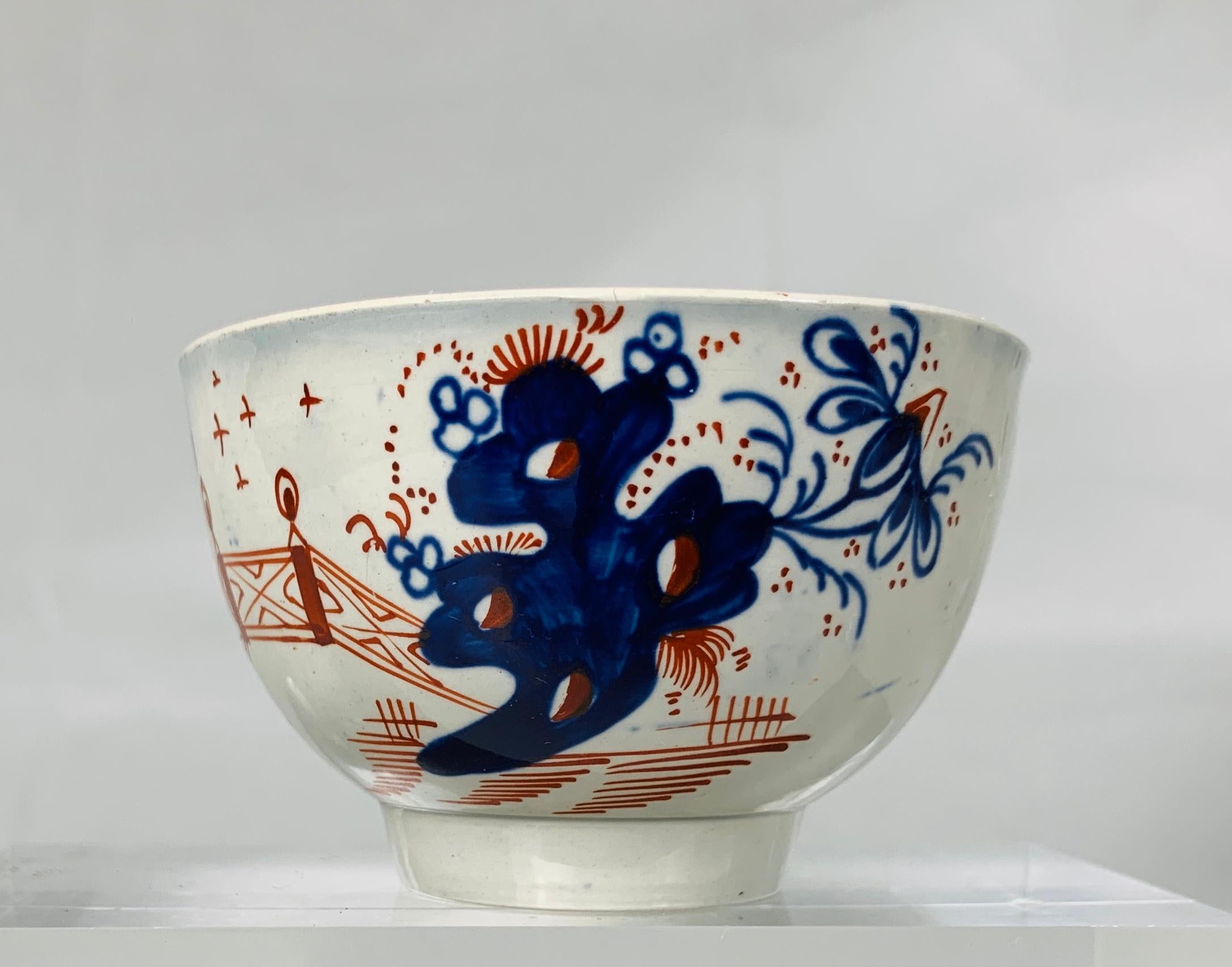 Pearlware Pair Tea Bowls & Saucers Pearled Creamware Hand-Painted in Imari Colors 18th C