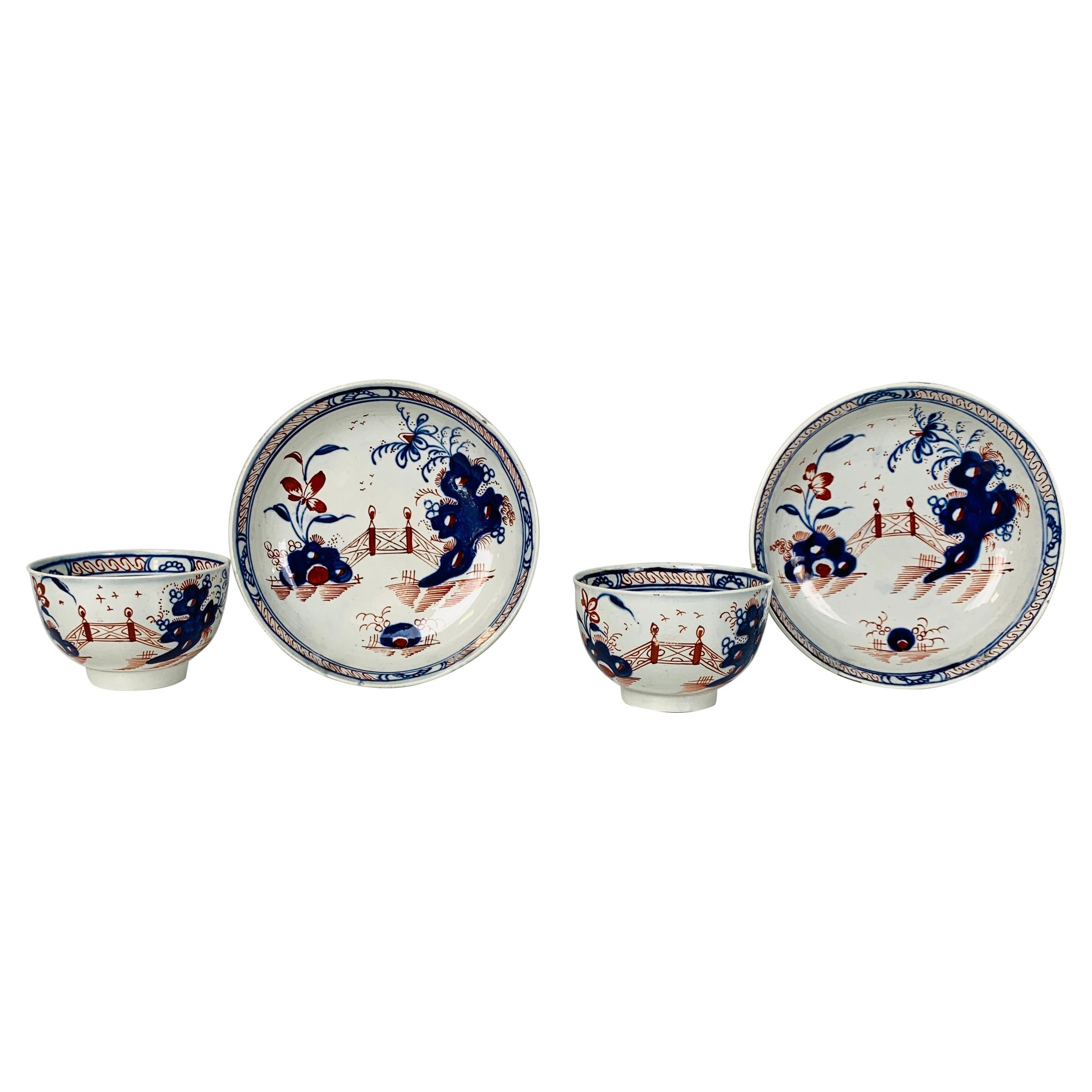 Pair Tea Bowls & Saucers Pearled Creamware Hand-Painted in Imari Colors 18th C