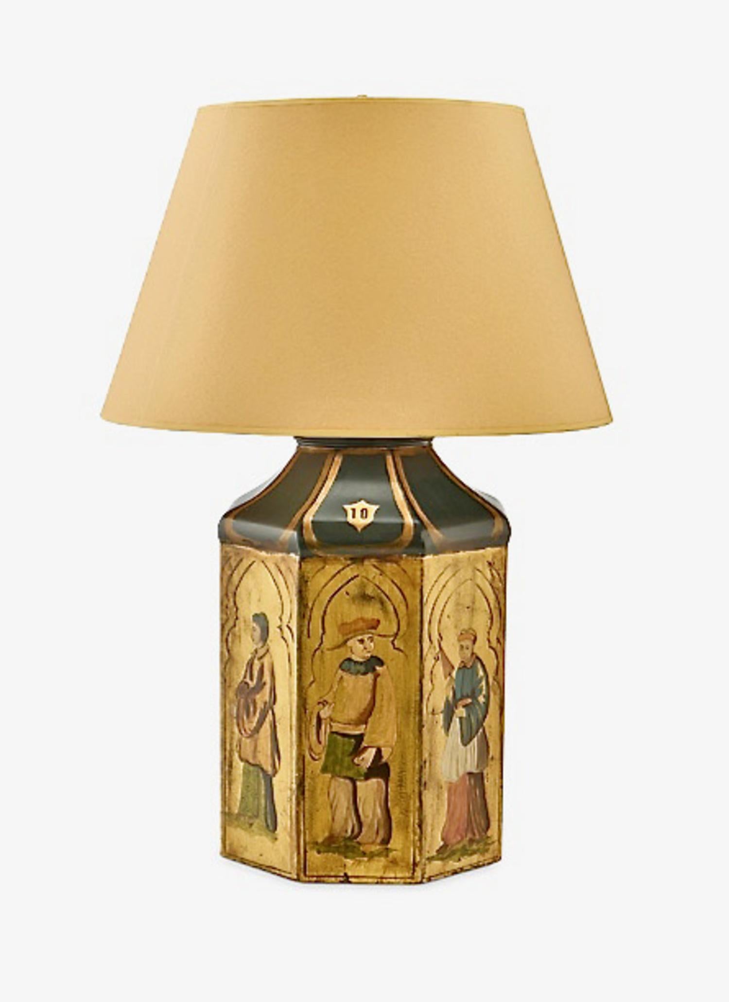 This is a pair of very decorative tea canister table lamps. We believe that the chinoiserie canister bases were created in the 1980s to intentionally mimic actual  earlier 20th century tea canisters that were imported from China. Both lamps are in