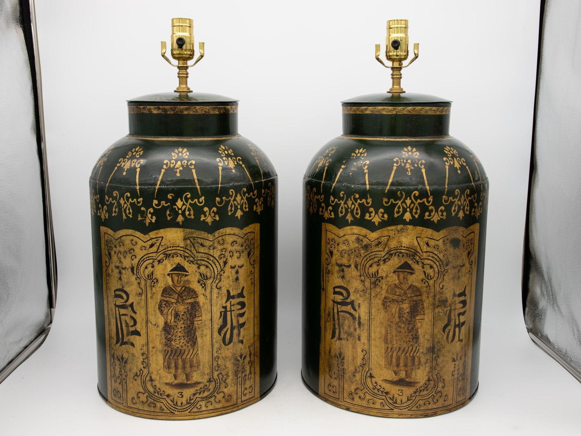 Unique table lamp made from repurposed Chinese Export tea tins, made in China circa 1870. This ornate, gilded tin was once used to transport tea from China to England. This jar is hand-painted with a fascinating combination of Western and Asian