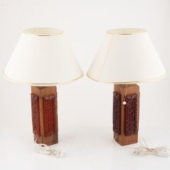 Pair Teak and Cast Glass Table Lamp, Hovmantorp, Sweden, 1960s