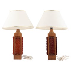 Pair Teak and Cast Glass Table Lamp, Hovmantorp, Sweden, 1960s