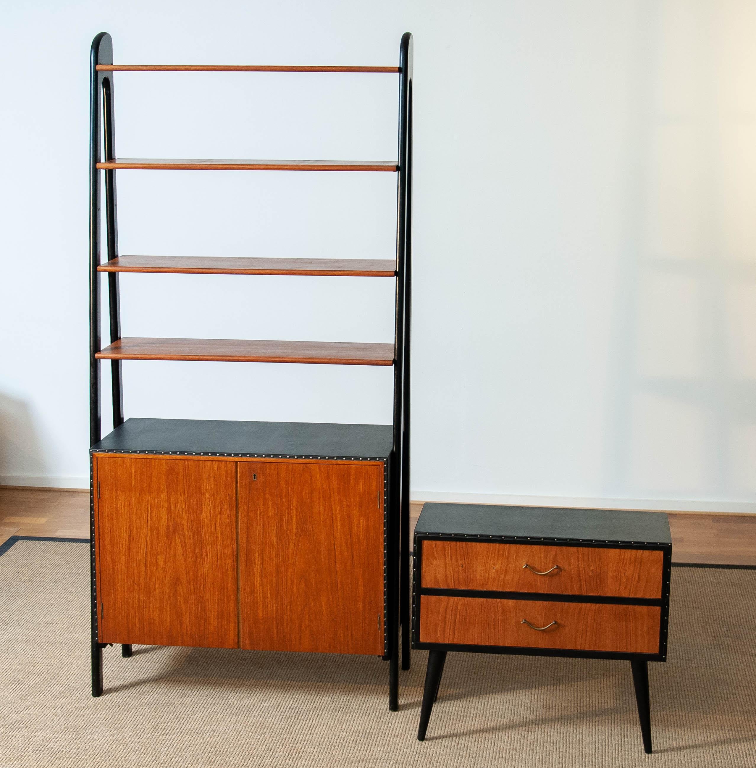Pair Teak Nailed Black Faux Leather Bookcase and Cabinet by Bertil Fridhagen In Good Condition In Silvolde, Gelderland