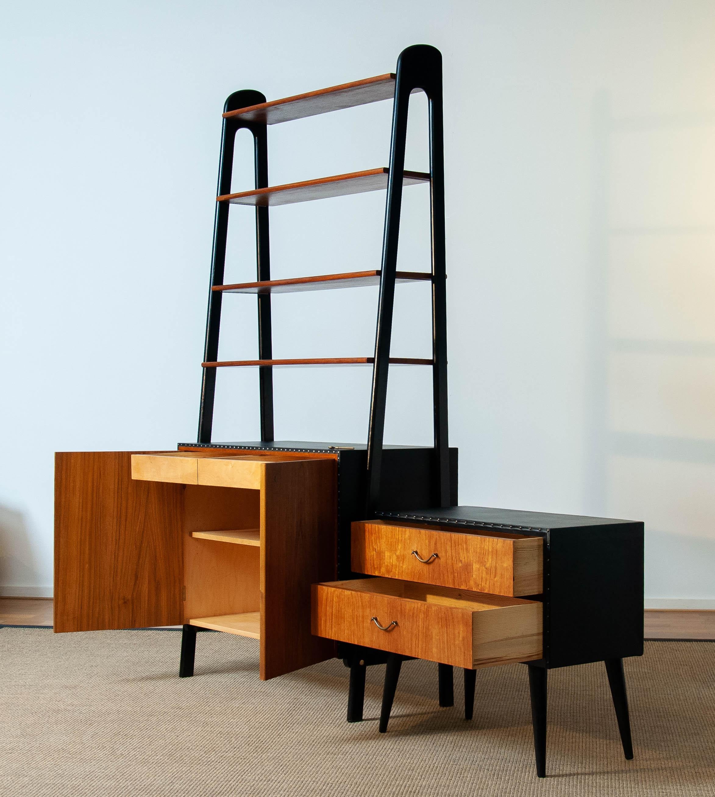 Mid-20th Century Pair Teak Nailed Black Faux Leather Bookcase and Cabinet by Bertil Fridhagen