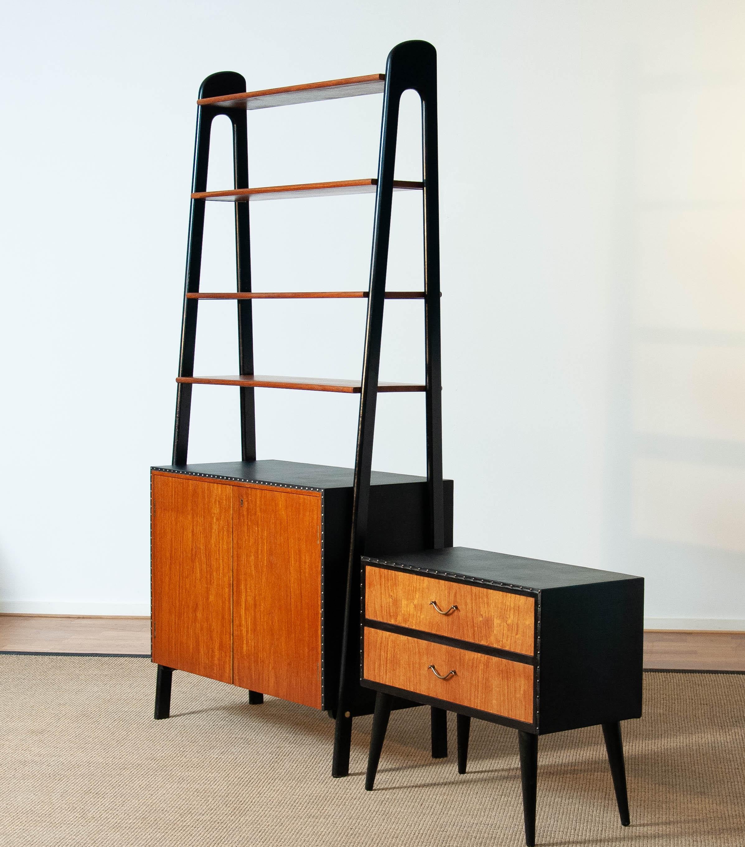 Pair Teak Nailed Black Faux Leather Bookcase and Cabinet by Bertil Fridhagen 3