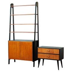 Pair Teak Nailed Black Faux Leather Bookcase and Cabinet by Bertil Fridhagen
