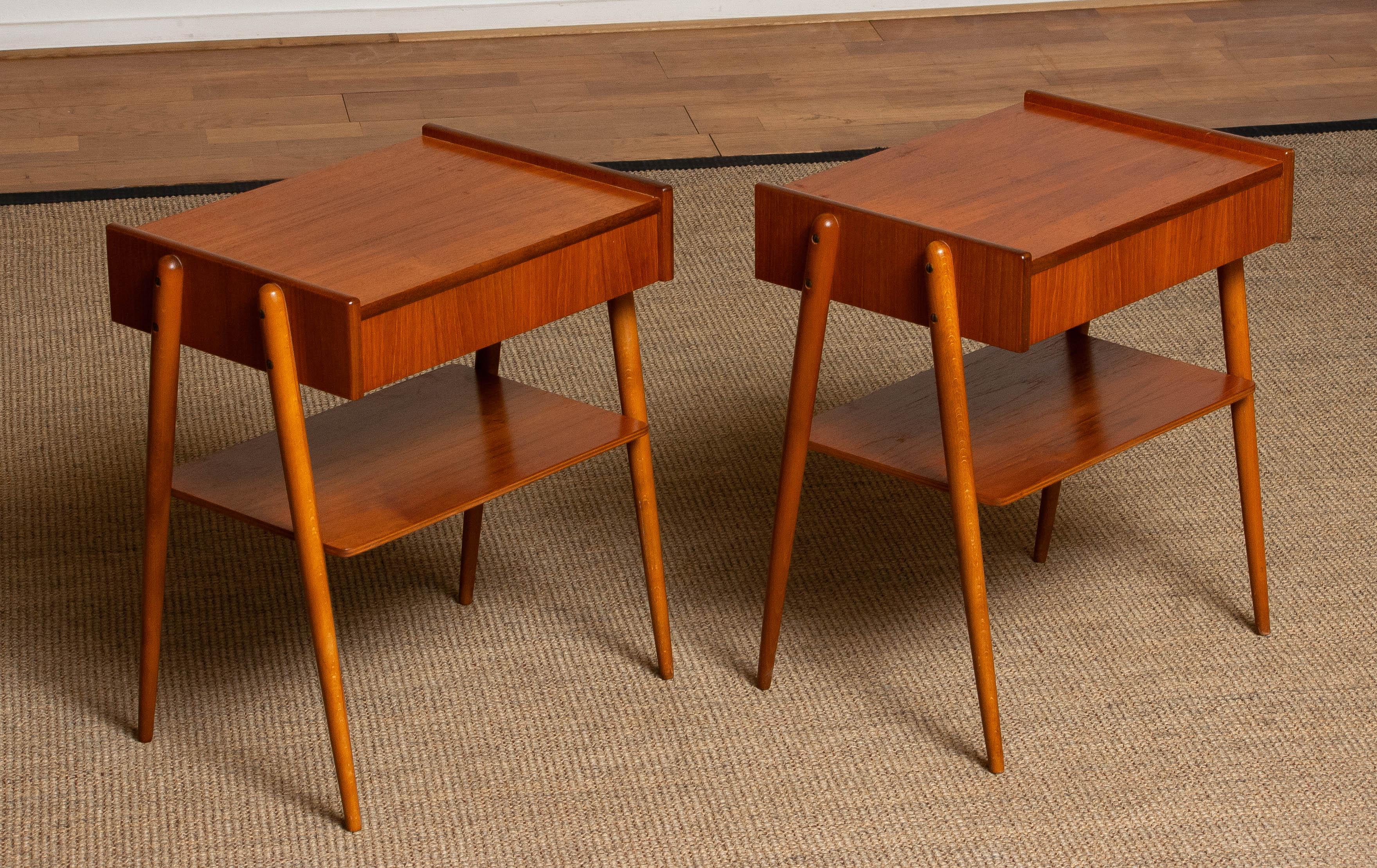 Scandinavian Modern Pair Teak Nightstands Bedside Tables by Carlström & Co Mobelfabrik from 1950 For Sale