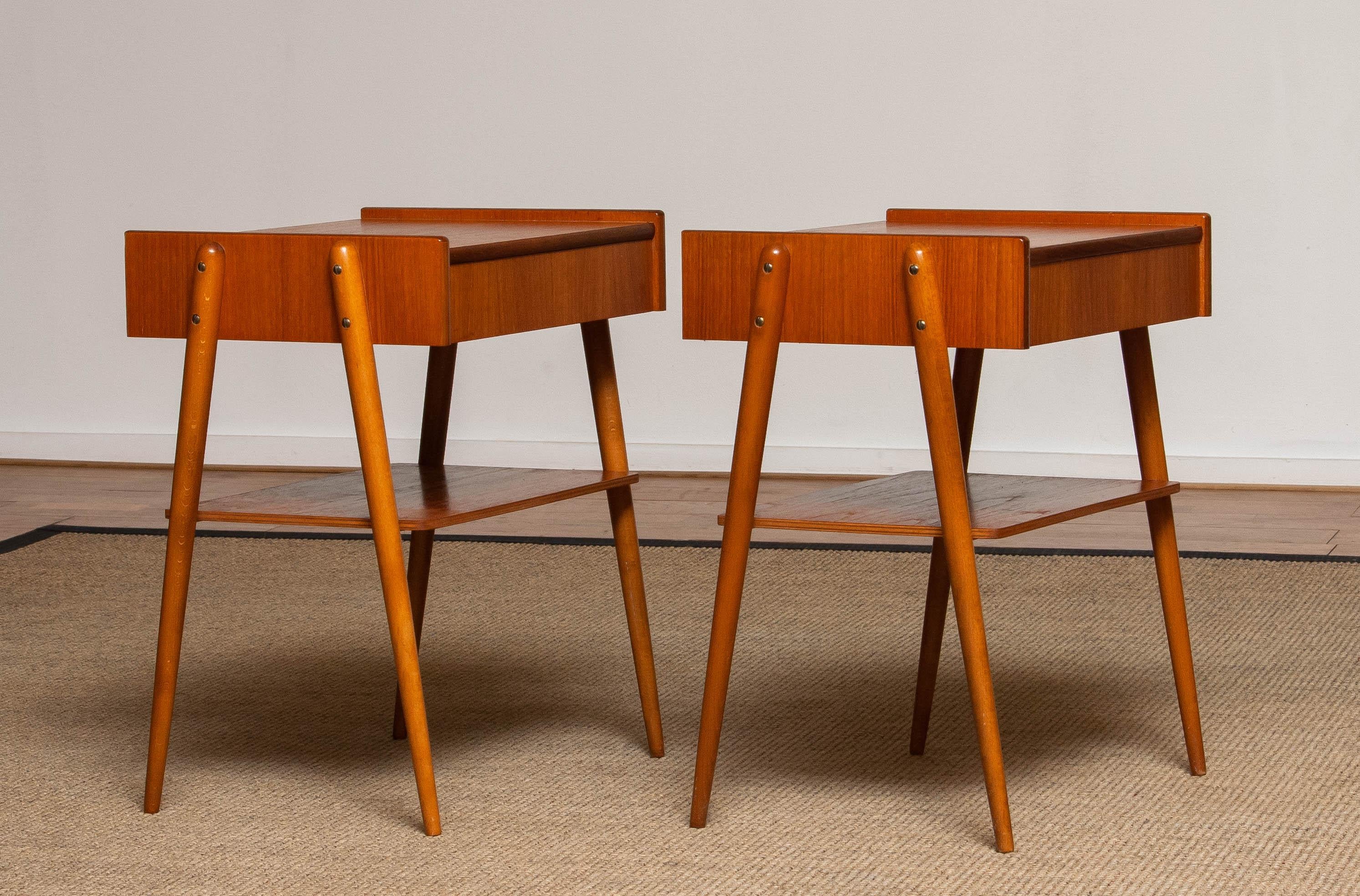 Mid-20th Century Pair Teak Nightstands Bedside Tables by Carlström & Co Mobelfabrik from 1950 For Sale