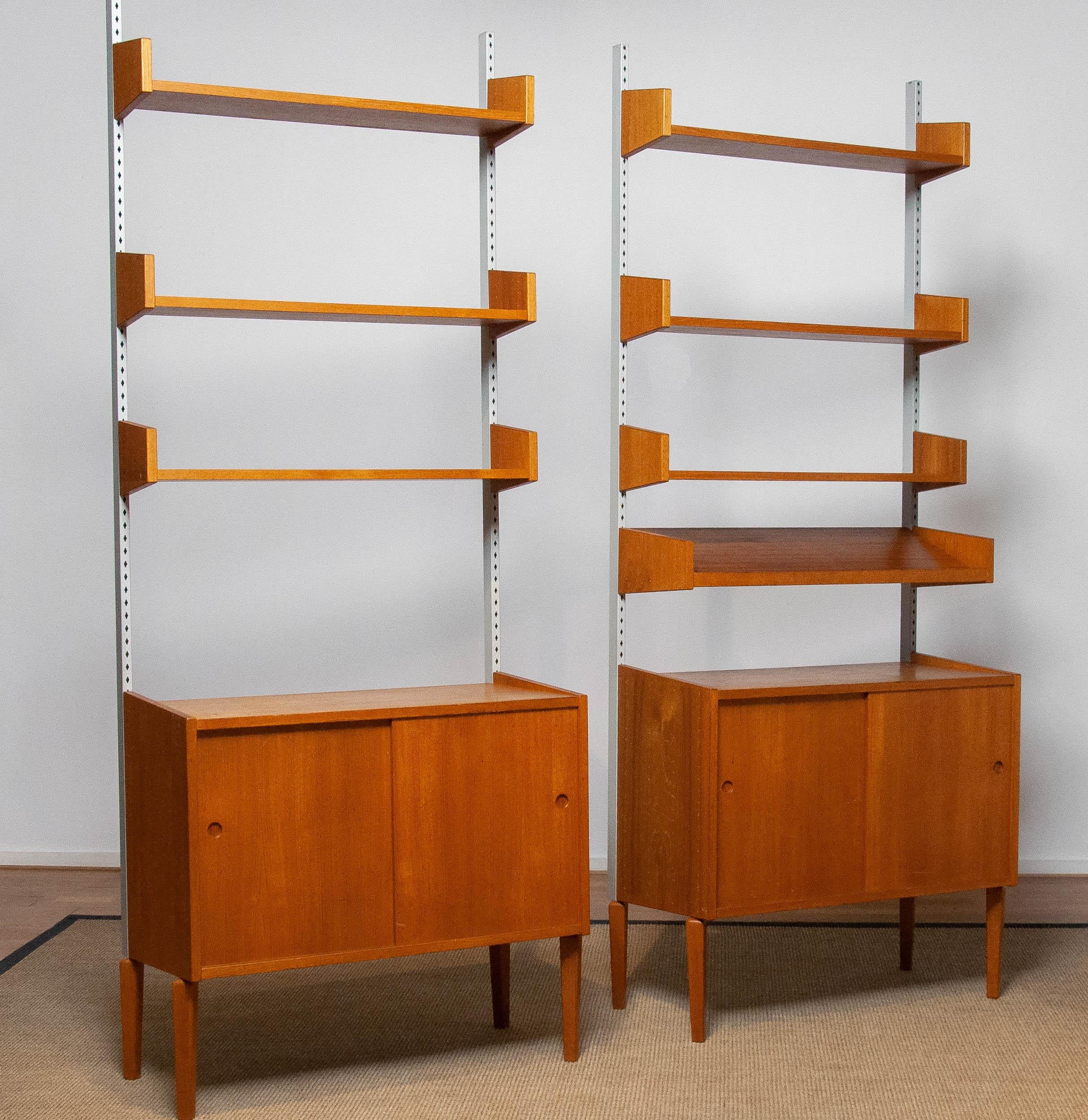 Pair Teak Shelf Systems Bookcases with Steel Bars by Harald Lundqvist for Lizzy 1