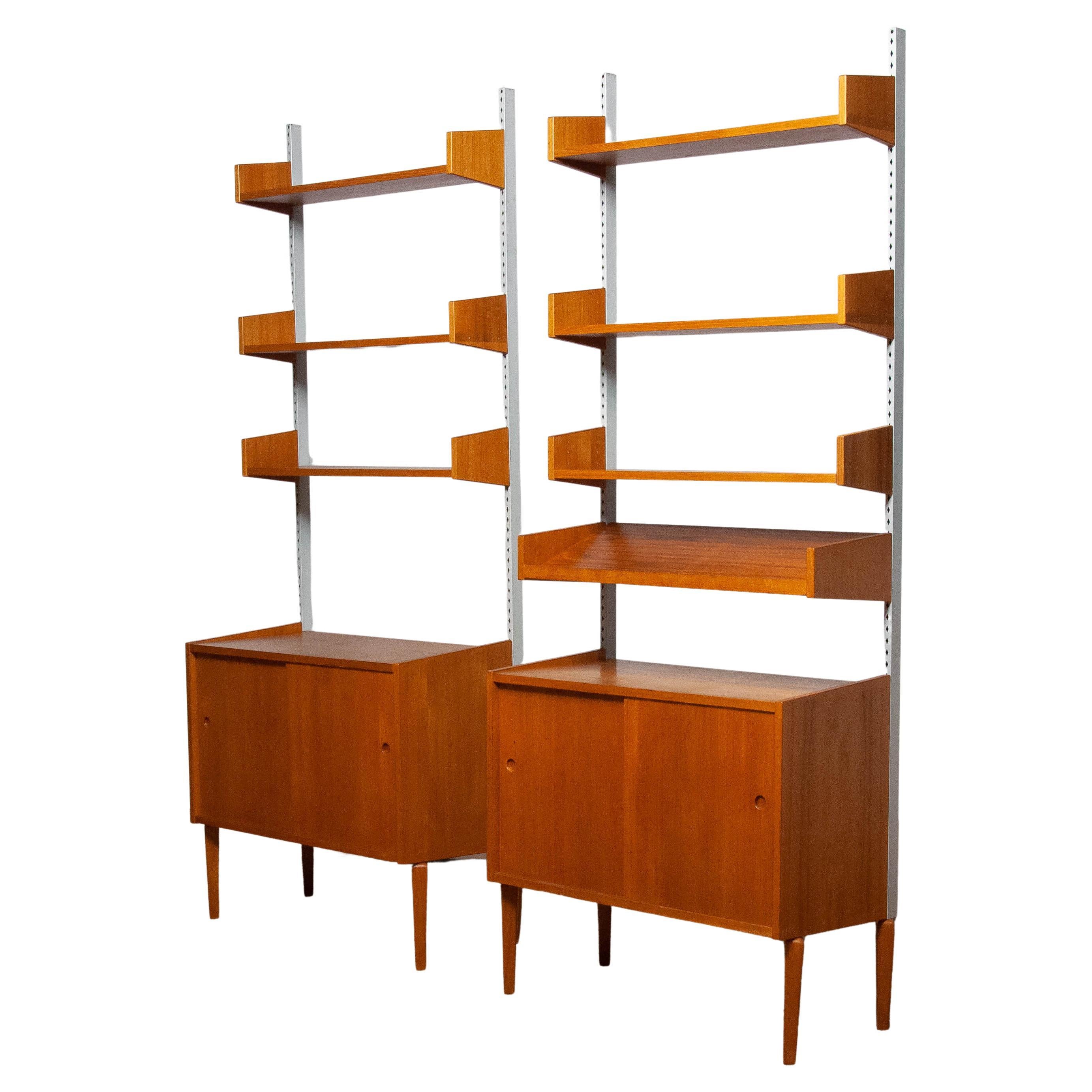 Pair Teak Shelf Systems Bookcases with Steel Bars by Harald Lundqvist for Lizzy