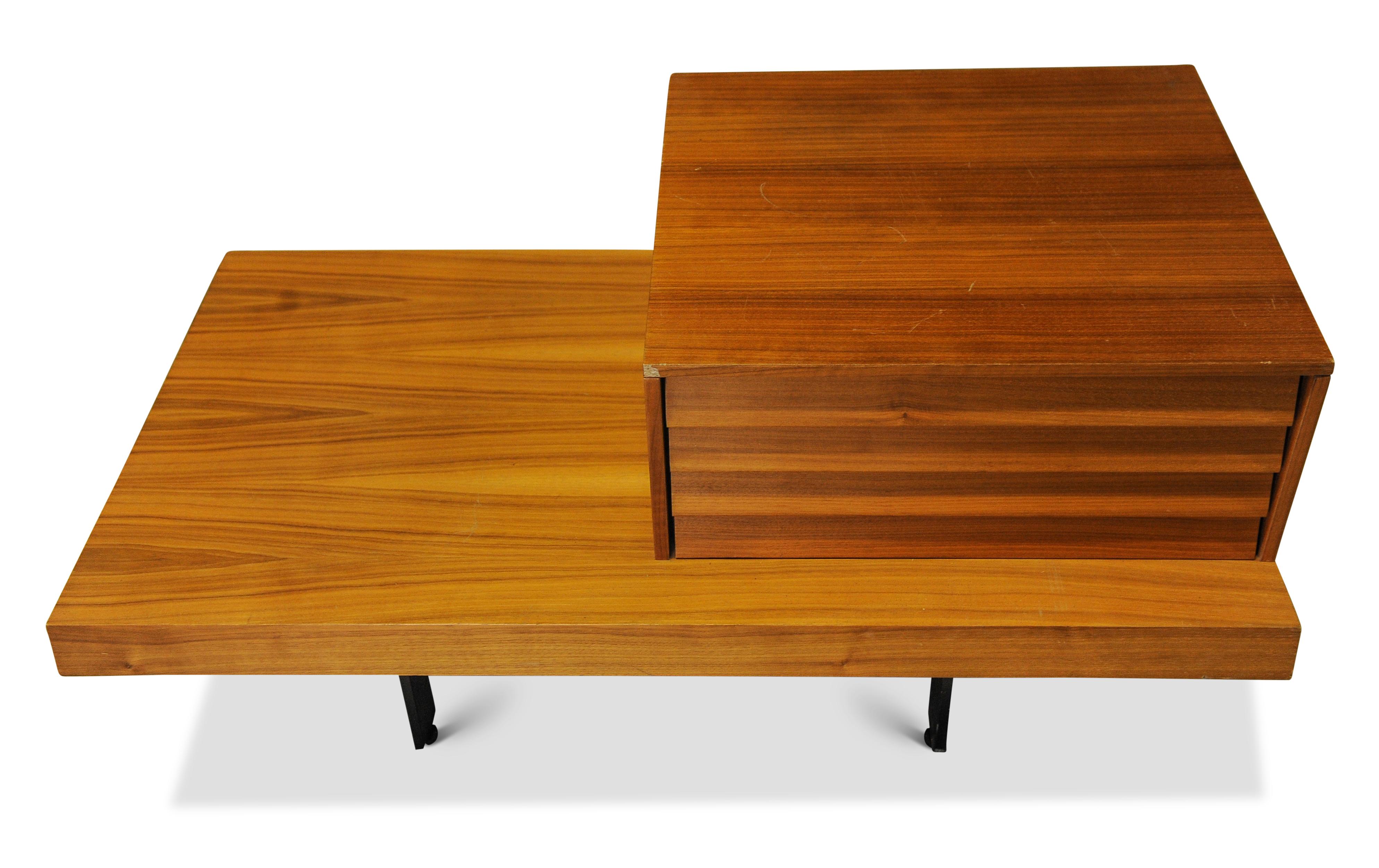 Veneer Teak Side Tables With Louvre Effect Drawers Upon Metal Bases by Punt Mobles  For Sale
