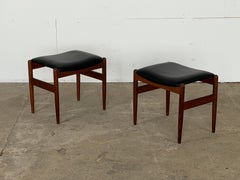 Pair Teak Stools, Black Leatherette Seats, Scandinavian Modern, 1960s