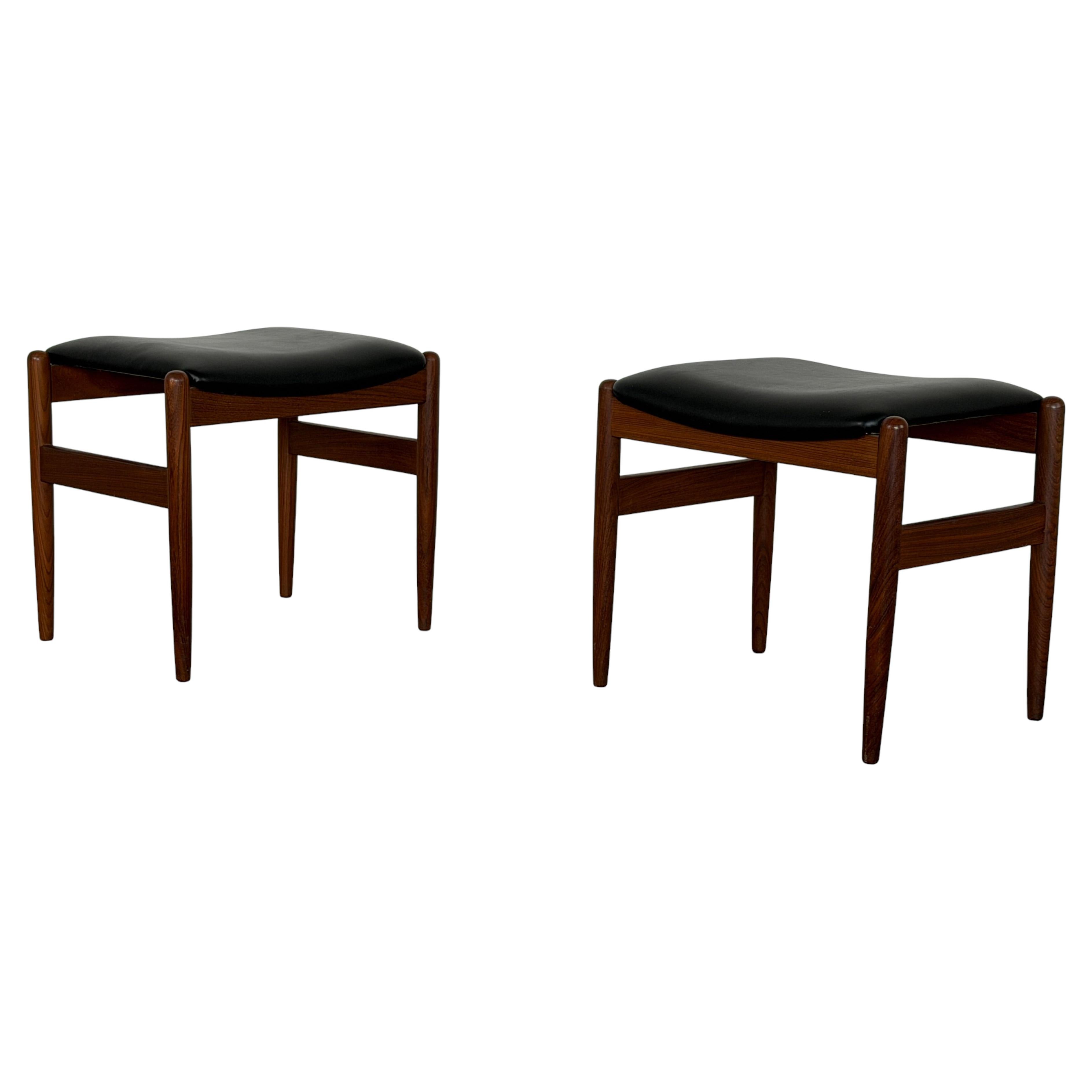 Pair Teak Stools, Black Leatherette Seats, Scandinavian Modern, 1960s For Sale