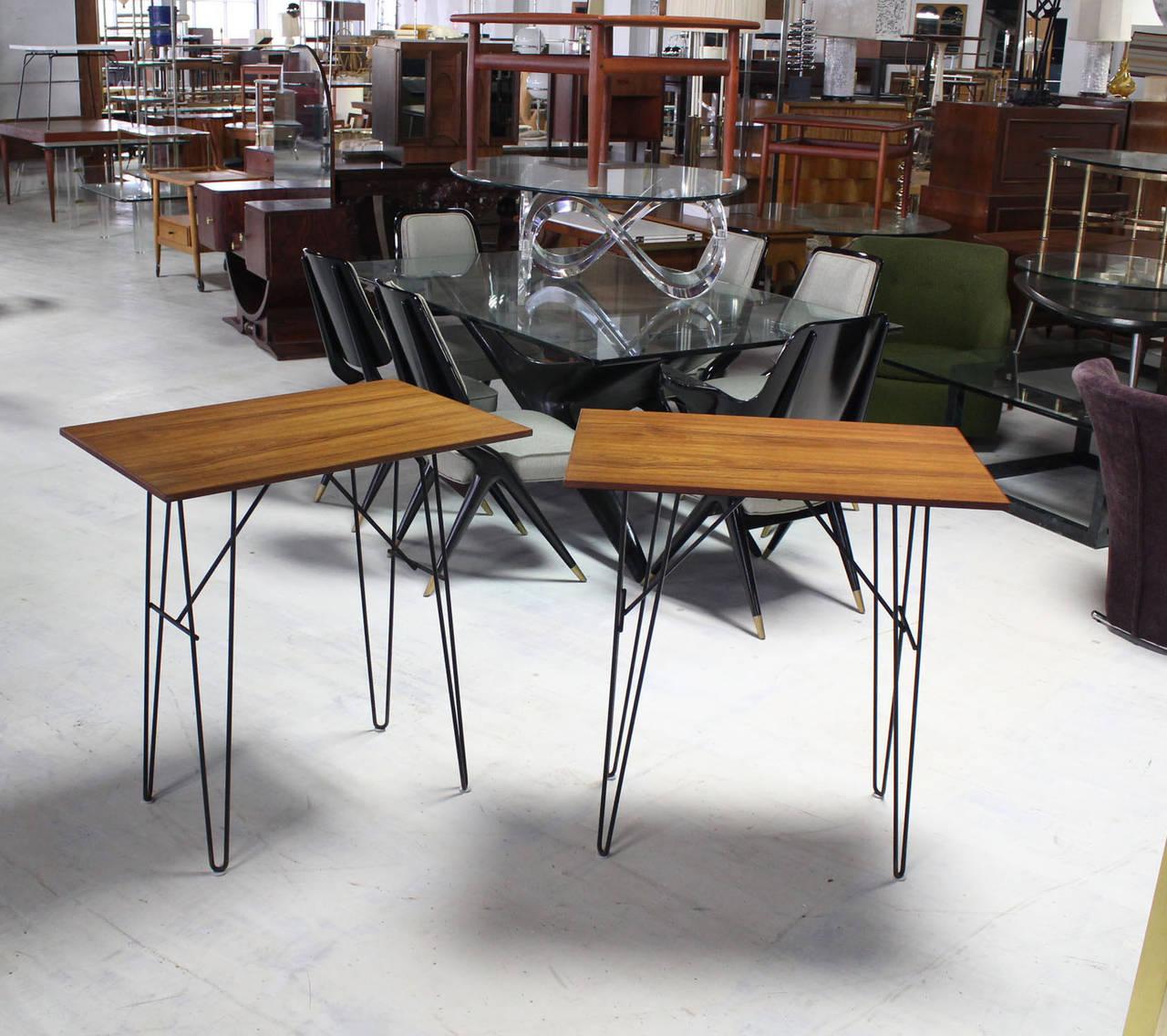 Mid-Century Modern Pair Teak Tops End Side Console Tables Stands Pedestals Tall Wire Legs MINT! For Sale