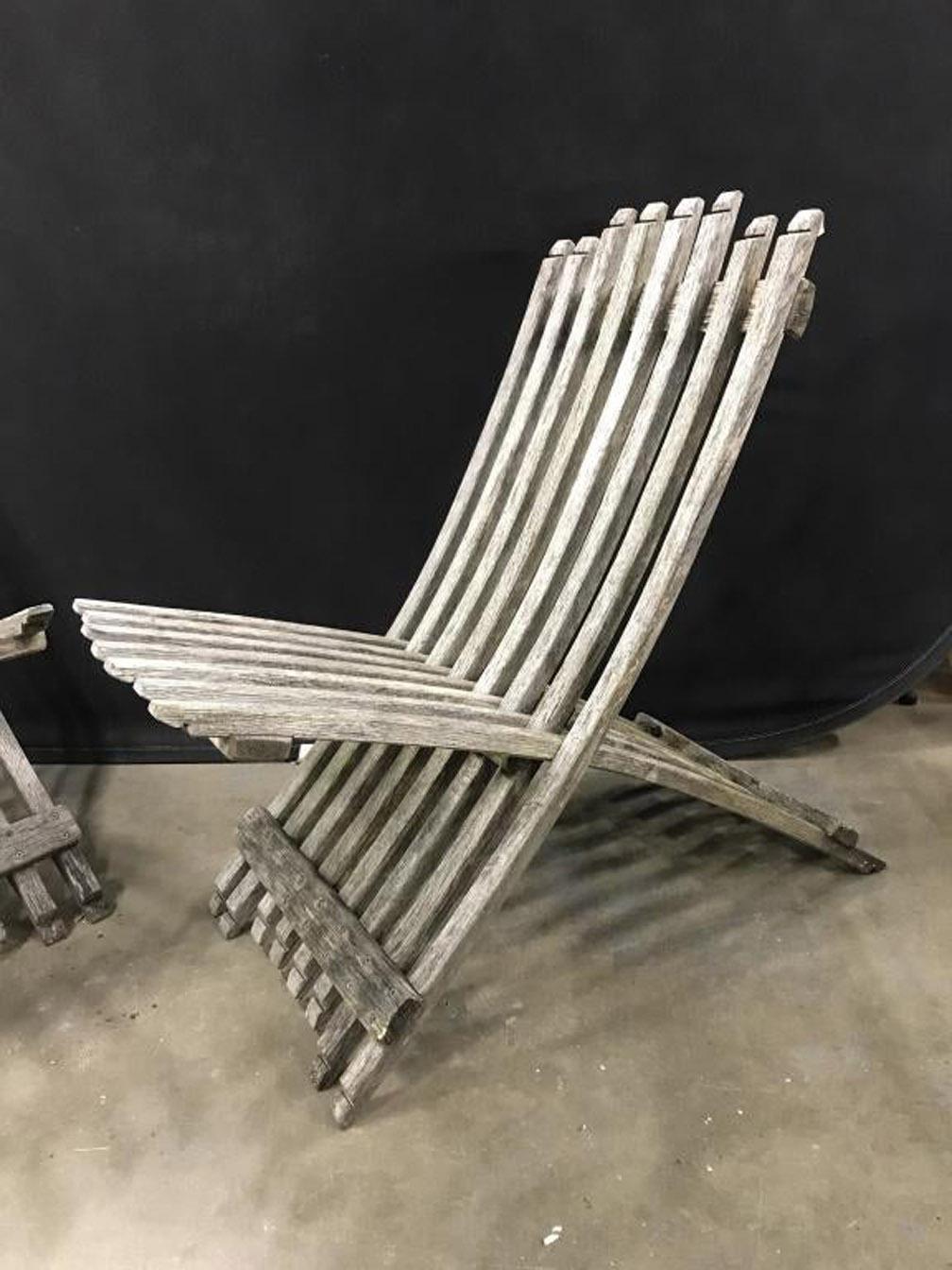 Pair of Teak Wood Folding Lounging Deck Chairs In Good Condition For Sale In Sheffield, MA