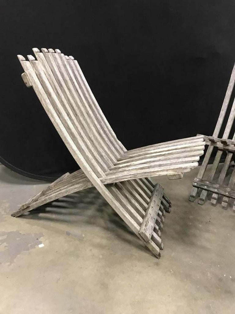 Pair of Teak Wood Folding Lounging Deck Chairs For Sale at 1stdibs