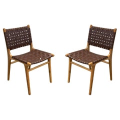 Pair Teak Wood Framed Chairs, with Woven Leather Seat