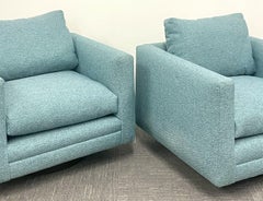 Pair Teal Milo Baughman Style Mid-Century Modern Lounge Chairs, Swivel, Square