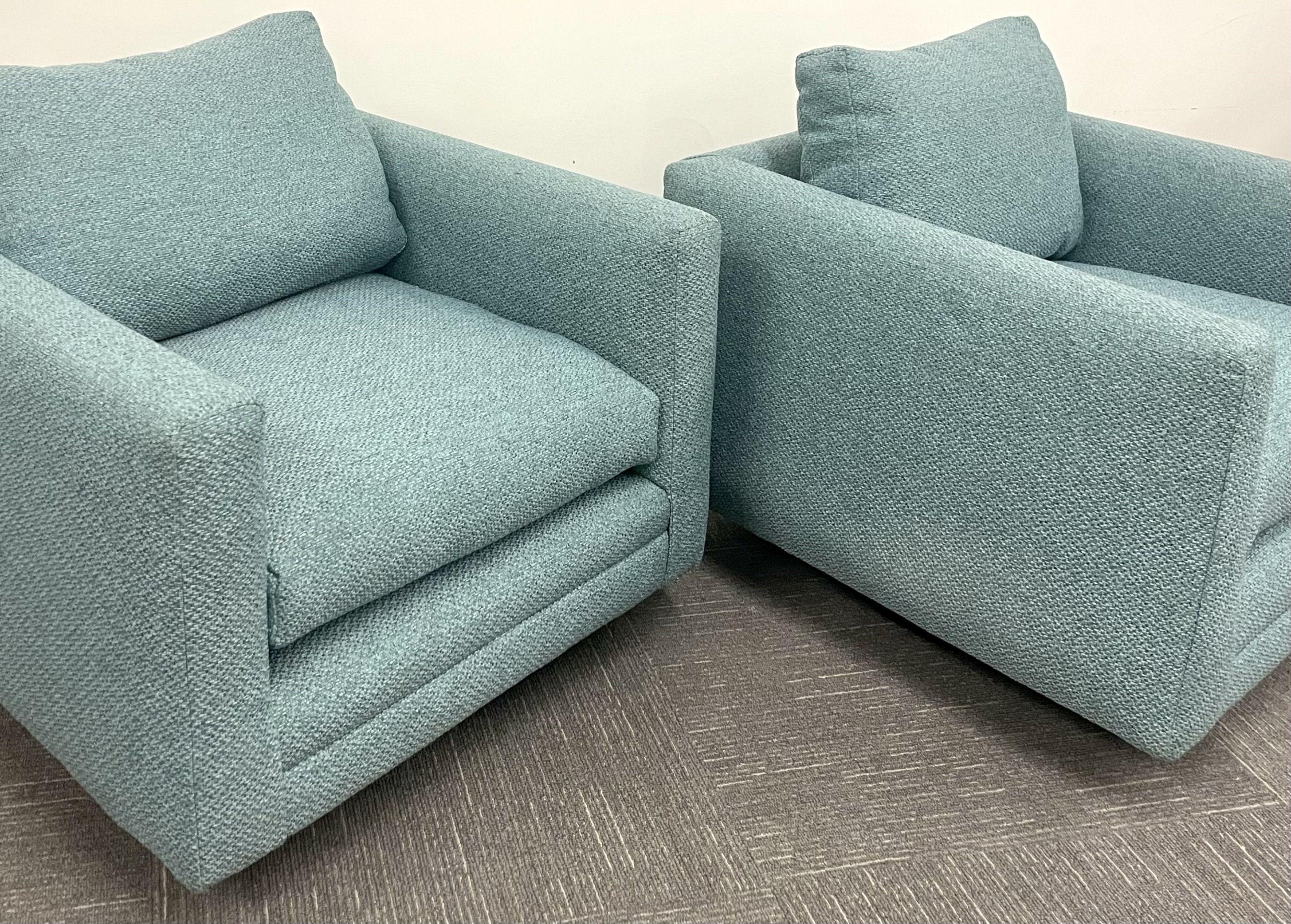 American Pair Teal Milo Baughman Style Mid-Century Modern Lounge Chairs, Swivel, Square For Sale