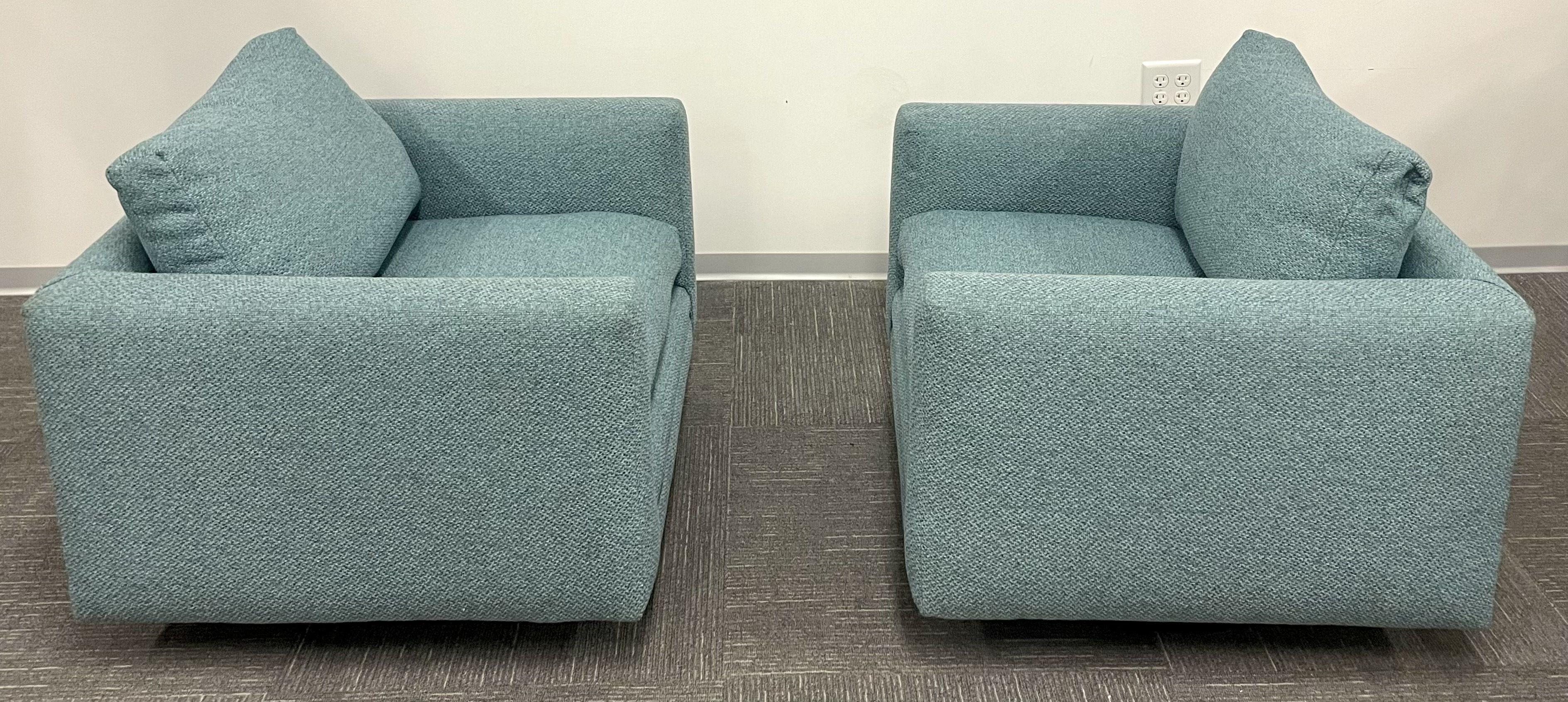 Textile Pair Teal Milo Baughman Style Mid-Century Modern Lounge Chairs, Swivel, Square For Sale