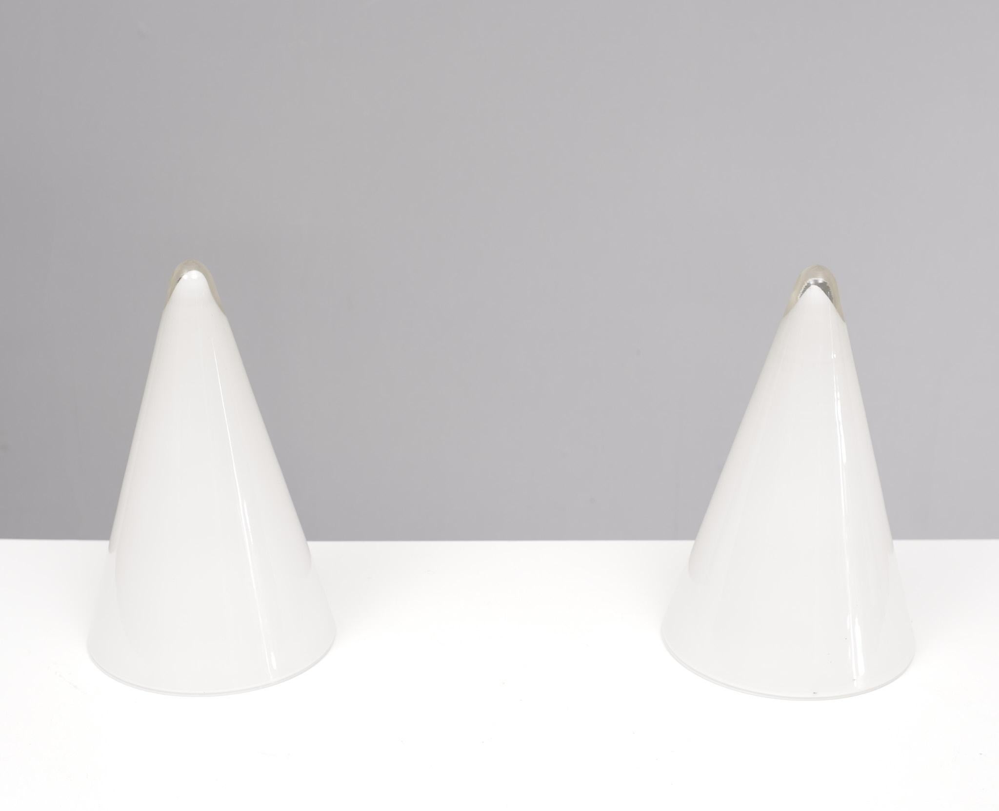 Two identical  White opal crystal glass conical pyramid style lampshade with a layer of clear glass on the outside, ending clear on top.  France 1970s 
